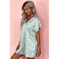 Green V-Neck Half Sleeve Leopard Casual T Shirt Dress with Pockets