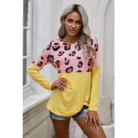 Yellow Long Sleeve Leopard Stripe Print Casual Top