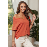 Orange V Neck Short Sleeves Cotton Blend Tee with Front Pocket and Side Slits