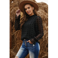 Black Polka Dot Lantern Sleeve Mesh Splicing Blouse