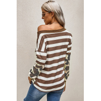 Brown Striped Leopard Long Sleeves Blouse