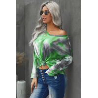 V-neck Knotted Green Tie-dye Top