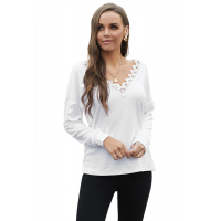 White Deep V-neck Eyelash Lace Trim Top