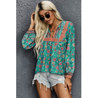 Green V Cut Neck Floral Lantern Sleeve Blouse