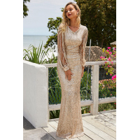 Apricot Sequin Fringe Sleeve Prom Maxi Dress