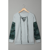 Gray Camo Lace-Up Side Split Hem Long Sleeve Top