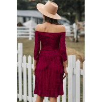 Wine Velvet Off Shoulder Half Sleeve Pleated Midi Dress