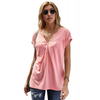 Pink Buttoned Detail Cotton Blend Short Sleeve T-shirt