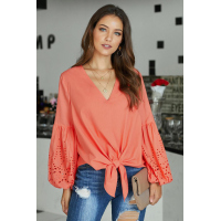 Coral Pink Rhapsody Cotton Balloon Sleeve Tie Top