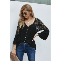 Black Crochet Lace Button Top