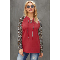 Red Leopard Patchwork Lace-up Front Long Sleeve Top