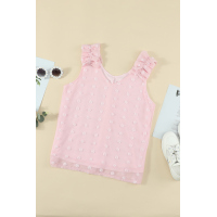 Pink Swiss Dot Woven Sleeveless Top With Ruffled Straps