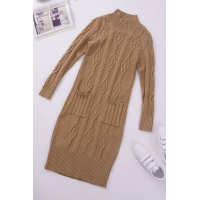 Brown High Neck Textured Bodycon Sweater Dress