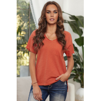 Orange V Neck Short Sleeves Cotton Blend Tee with Front Pocket and Side Slits