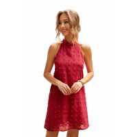 Red Pompom Mock Neck Sleeveless Shift Mini Dress