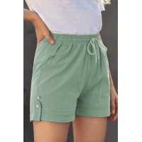 Green Elastic Waistband Pocket Drawstring Shorts with Button