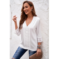 White 3/4 Sleeves Crochet Detail V Neck Blouse