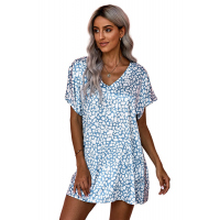 Blue V-Neck Half Sleeve Leopard Casual T Shirt Dress with Pockets