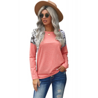 Pink Long Sleeve Top With Leopard Snakeskin Print