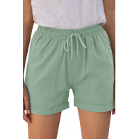 Green Elastic Waistband Pocket Drawstring Shorts with Button