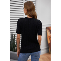 Black Cable Knit Short Sleeve Top with Buttons