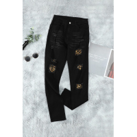 Ripped Leopard Patch Pocket High Waist Skinny Jeans