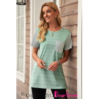 Green Striped Short Sleeve Contrast Color T-Shirt with Pocket