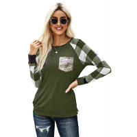 Green Plaid Splicing Sequined Pocket Long Sleeve Top