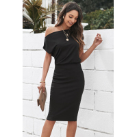 Black Boat Neck Knit Midi Dress 