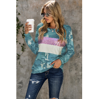 Camo Sequins Color Block Long Sleeve Top