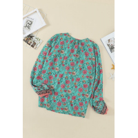 Green V Cut Neck Floral Lantern Sleeve Blouse