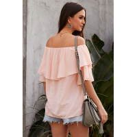 Pink Soft Breeze Frilling Off-shoulder Top