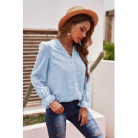 Sky Blue Elegant V-Neck Swiss Dot Lace Blouse