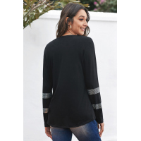 Black Crew Neck Rhinestone Pocket Long Sleeve Top