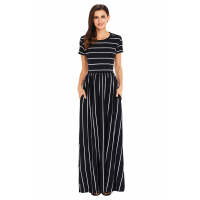 White Striped Black Short Sleeve Maxi Dress