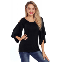 Black Layered Sleeves Ruffled Off Shoulder Blouse