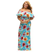 Turquoise Roses Print Off-the-shoulder Maxi Dress