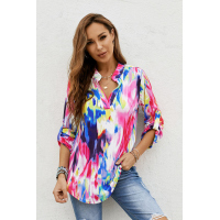 Multicolor Tie Dye Button Tab-Sleeve V-Neck Blouse