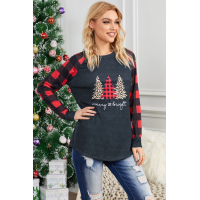 Leopard Christmas Tree Print Splice Red Plaid Long Sleeve Top