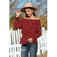 Red Polka Dot Off Shoulder Ruffle Long Sleeve Top