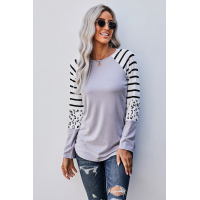 Gray Striped Animal Print Colorblock Long Sleeve Top