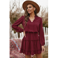 Wine V Neck Long Sleeve Ruffle Tiered Mini Dress