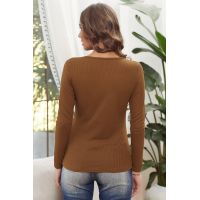 Brown Solid Color Ribbed Texture Slim Top with Button