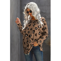 Brown Crew Collar Leopard Print High/Low Hem Long Sleeve Top