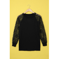 Black Lace Splicing Long Sleeve Knitted Pullover Top