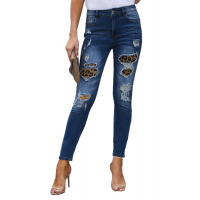 Patches Of Leopard Denim Distressed Jeans