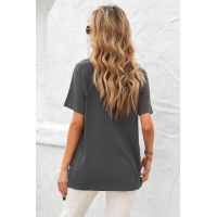 Gray V Neck Short Sleeves Cotton Blend Tee with Front Pocket and Side Slits