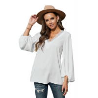 White Lace V Neck Balloon Sleeves Top