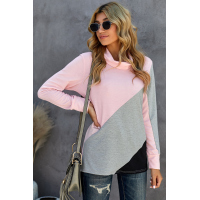 Pink Turtle Neck Sloping Color Block Long Sleeve Top