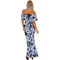 White Tendril Print Navy Off-the-shoulder Maxi Dress